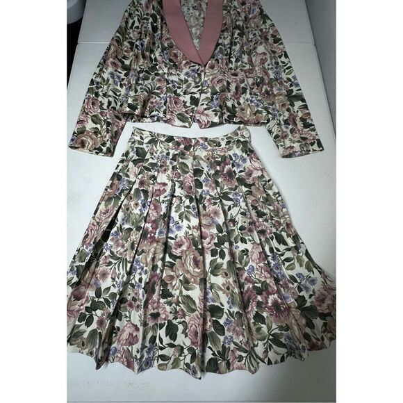 Rare Vintage Wrapper Bohemian 2 pcs Floral Print Suit Blazer Skirt Pink Trim SzS - Picture 9 of 16